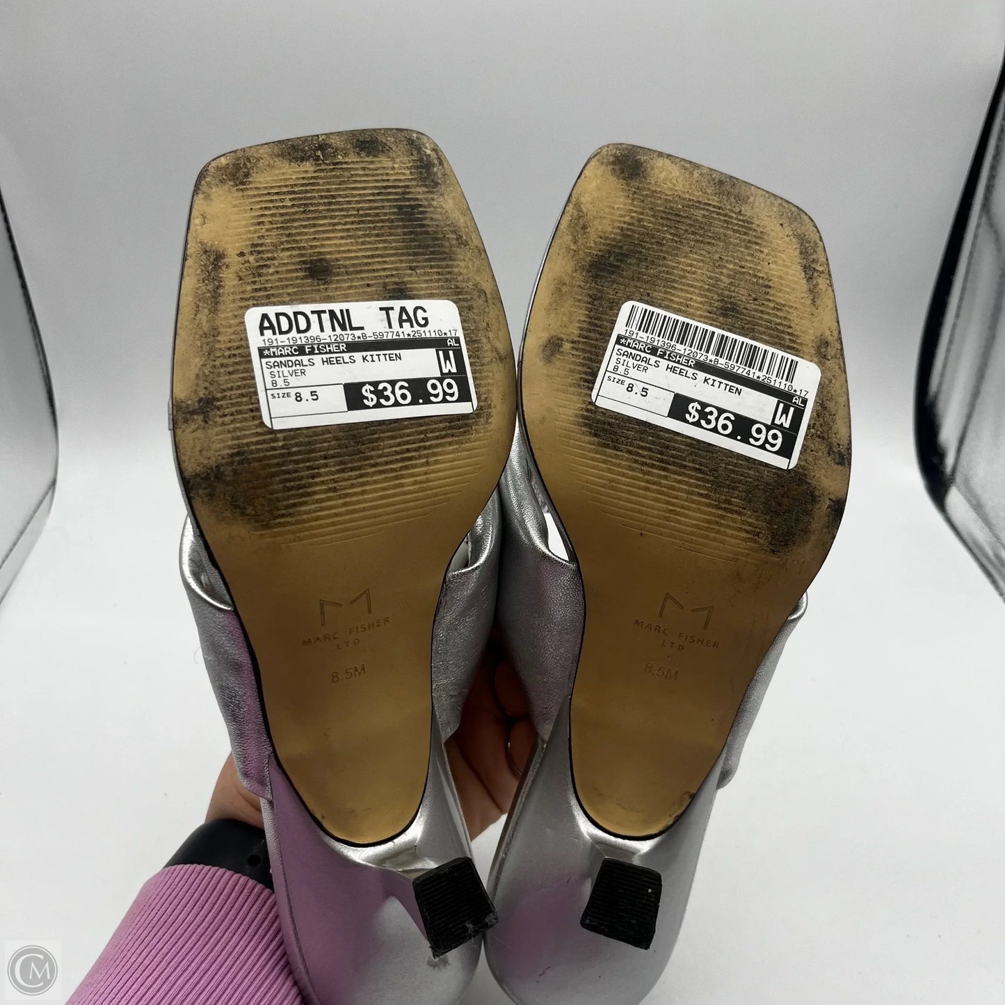 Sandals Heels Kitten By Marc Fisher In Silver, Size: 8.5